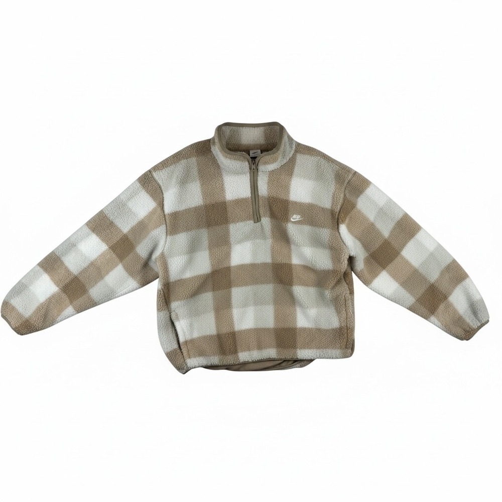 Nike Mens Plaid Quarter Zip Fleece Sherpa Pullover Khaki FZ0896-247 XXL